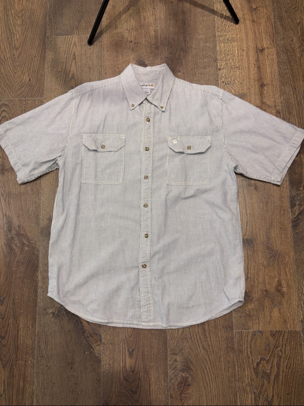 VTG Carhartt Men's Short-Sleeve Pinstripe Button-Down Shirt - Blue/White Men’s L